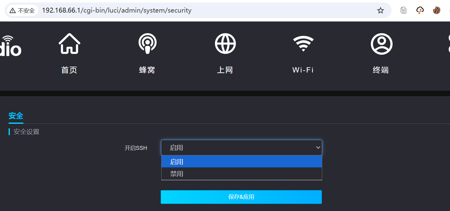 NRadio SSH 隐藏页面中将开启SSH设为启用并点击保存和应用